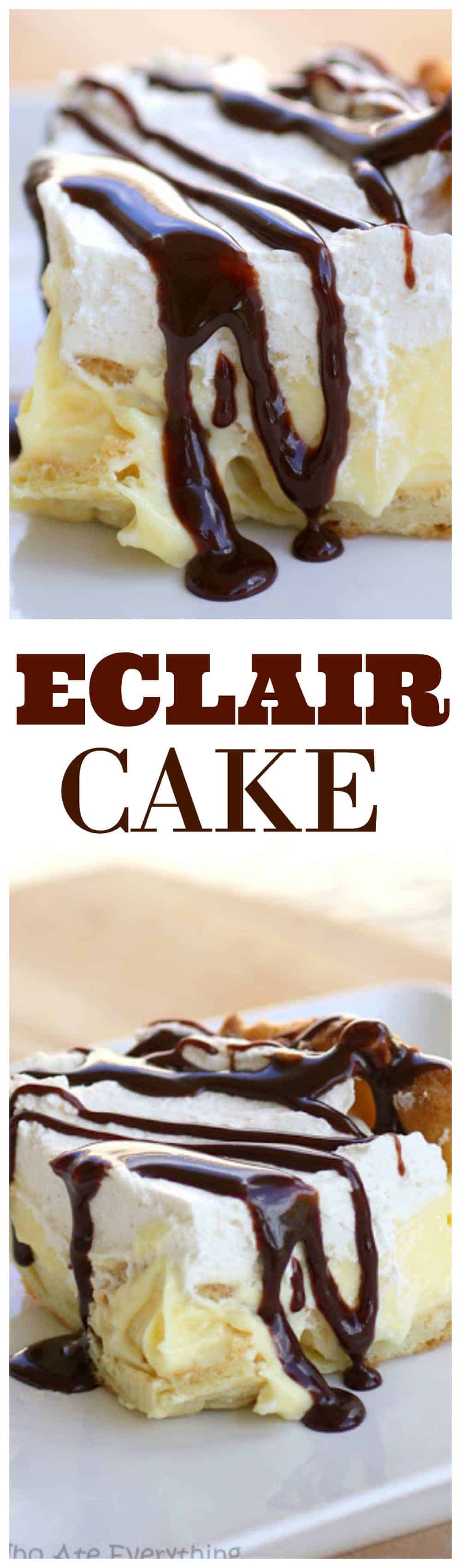 Ce gâteau Eclair a une croûte de choux à la crème, une couche de fromage à la crème à la vanille, de la crème fouettée et un filet de chocolat.  C'est toutes les saveurs d'un éclair sous forme de gâteau.  #chocolat #éclair #gâteau #recette #dessert