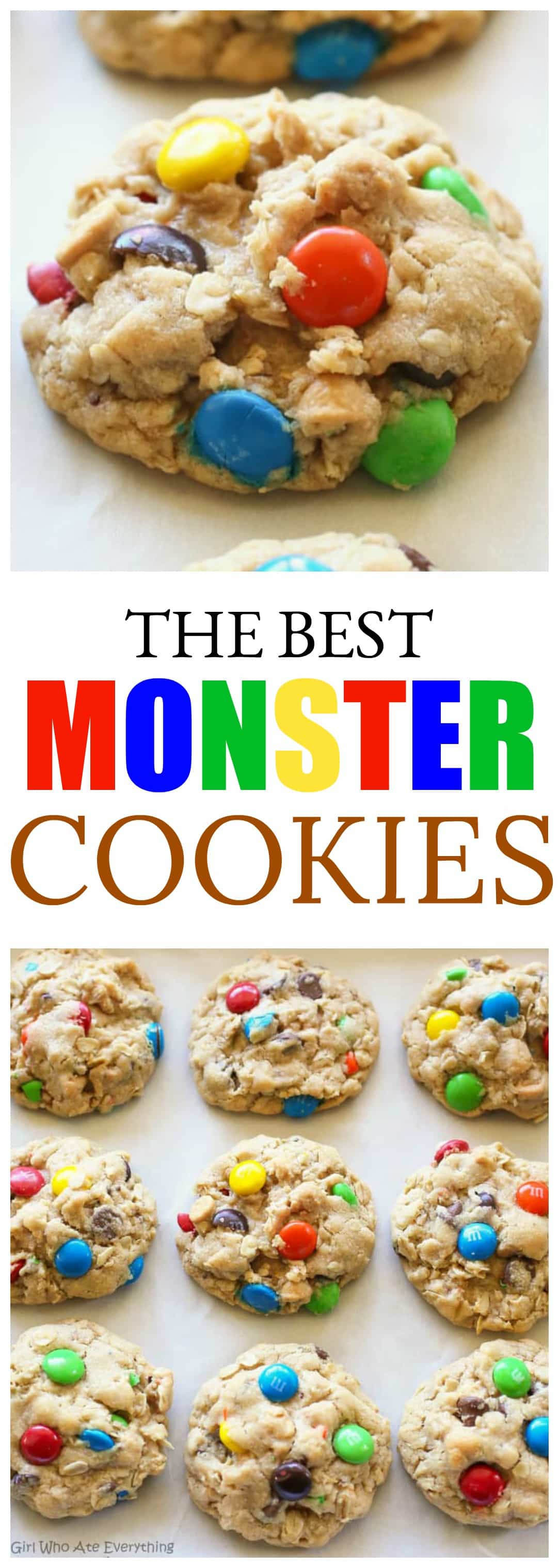 Monster Cookies - ces cookies épais et moelleux sont remplis de beurre de cacahuète, d'avoine, de pépites de chocolat et de M&Ms.  #monstre #cookies #beurre de cacahuète #recette #avoine #moelleux