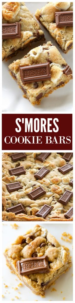 Barres à biscuits S'mores - pâte à biscuits à la guimauve aux pépites de chocolat avec une croûte de biscuits Graham.  Sérieusement délicieux.  #smores #cookie #bars #recette #dessert