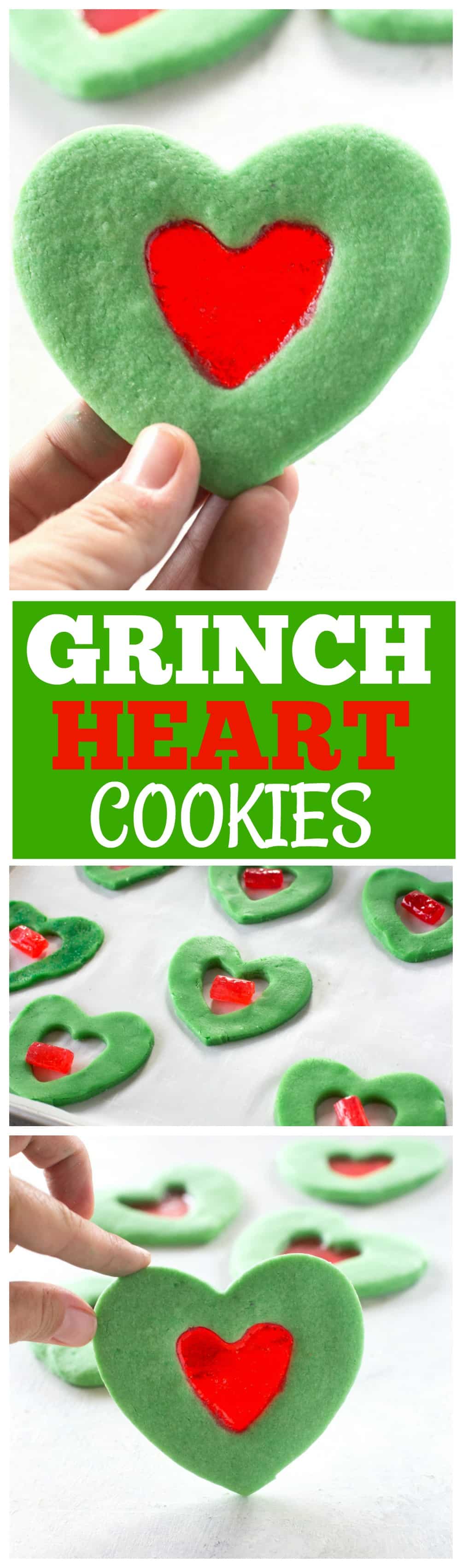 Ces biscuits Grinch Heart sont de petites friandises magiques que vous pouvez préparer à Noël avec vos enfants.  Biscuits au sucre teints en vert avec un cœur rouge en vitrail au milieu.  #noël #grinch #coeur #biscuits #dessert #sucre 