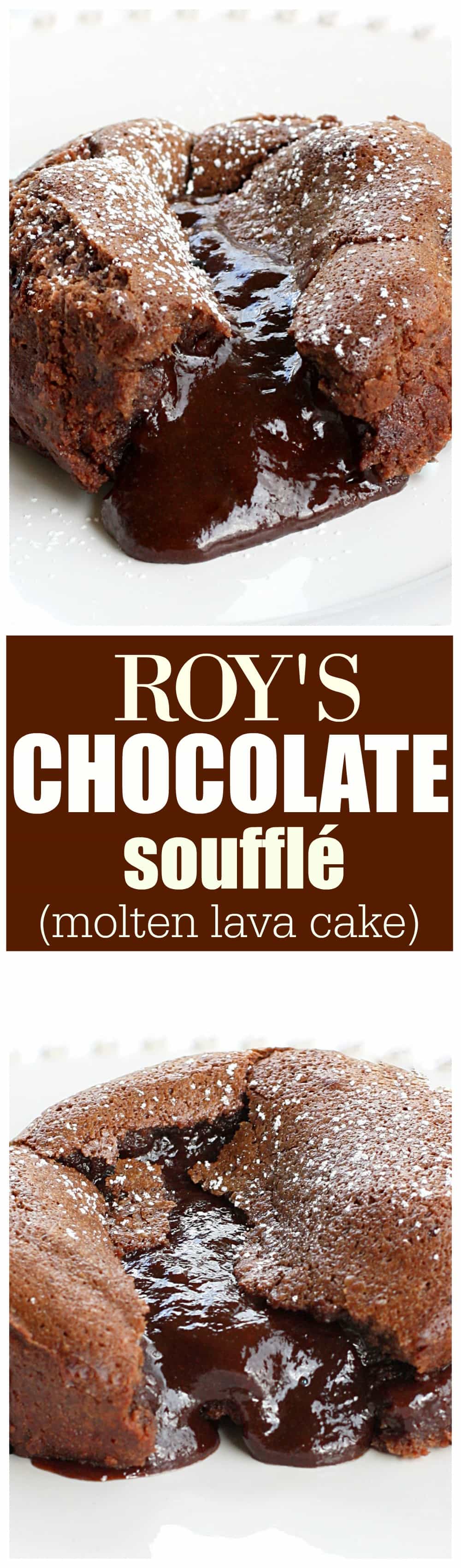 Roy's Chocolate Souffle (Molten Lava Cakes) – un centre de chocolat gluant est une surprise au milieu !  Le rêve d'un amateur de chocolat.  Pas une recette copiée.  La vraie recette de Roy's.  la-fille-qui-a-tout-mangé.com